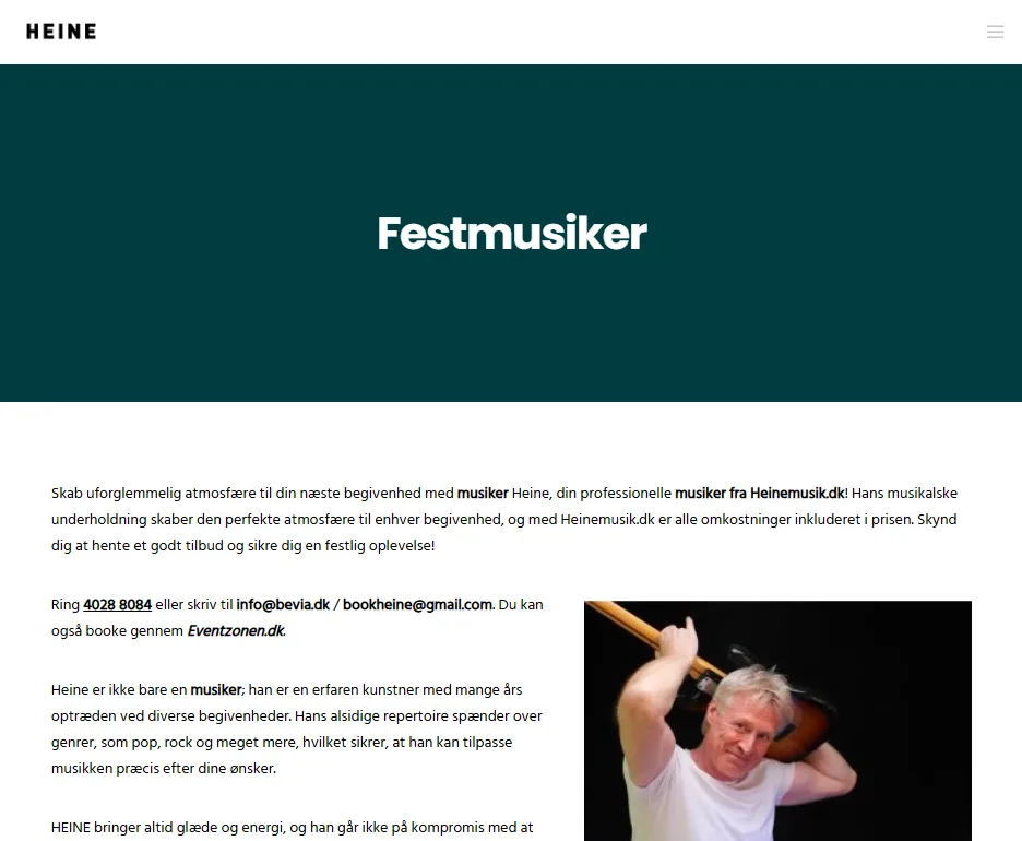 Forsiden af Heinemusik.dk – hjemmeside for festmusiker Heine
